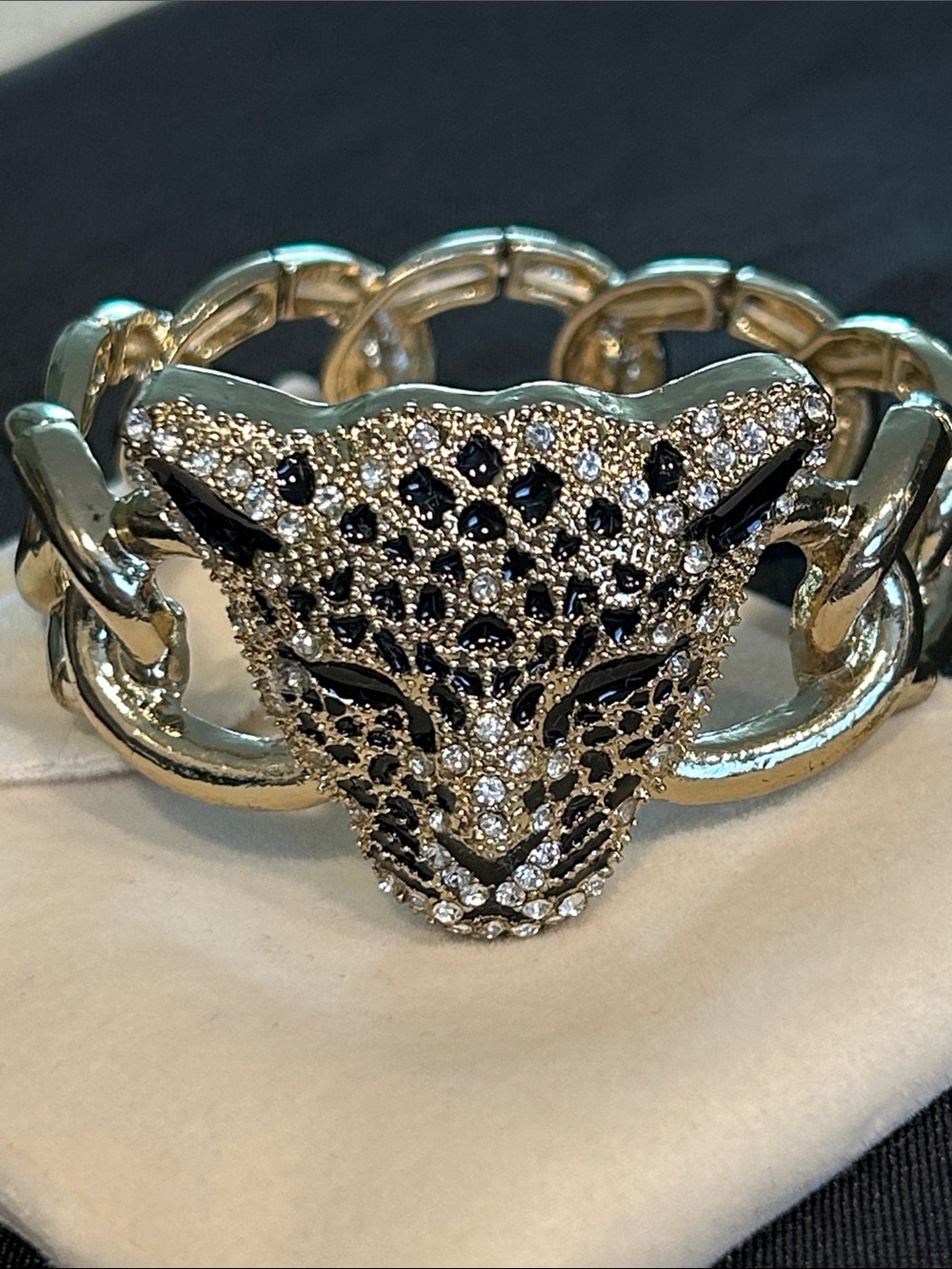 Cheetah Head Statement Bracelet | Silver & Gold Tone | Crystal Rhinestone Cuff - Picture 8 of 8